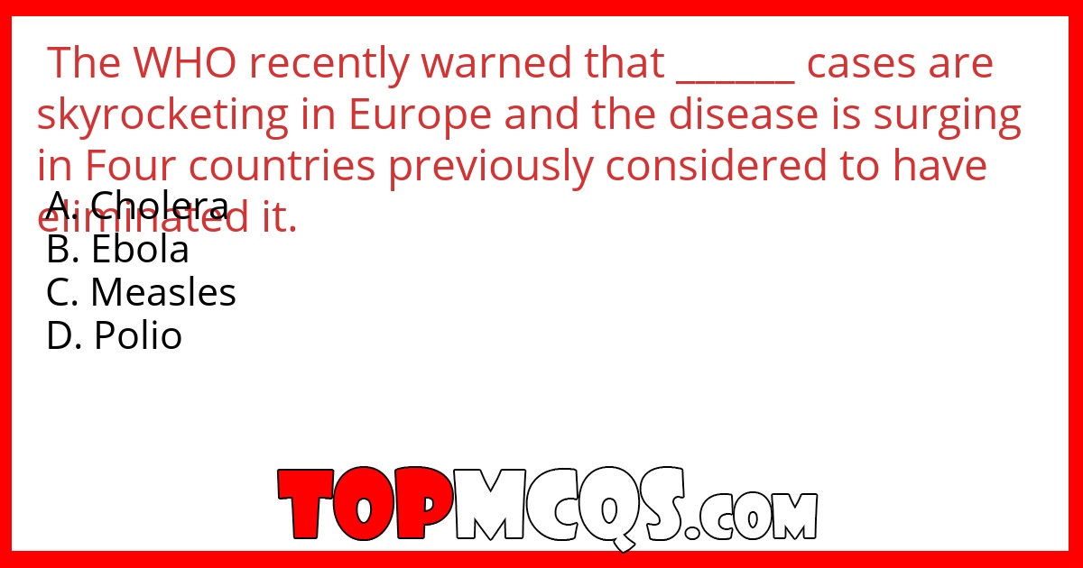 The WHO recently warned that ______ cases are skyrocketing in Europe  and the disease is surging in Four countries previously considered to have eliminated it.